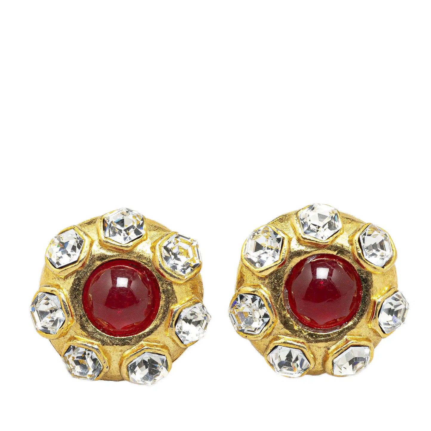 Gold Chanel Gold Plated Red Stone Rhinestones Clip on Earrings