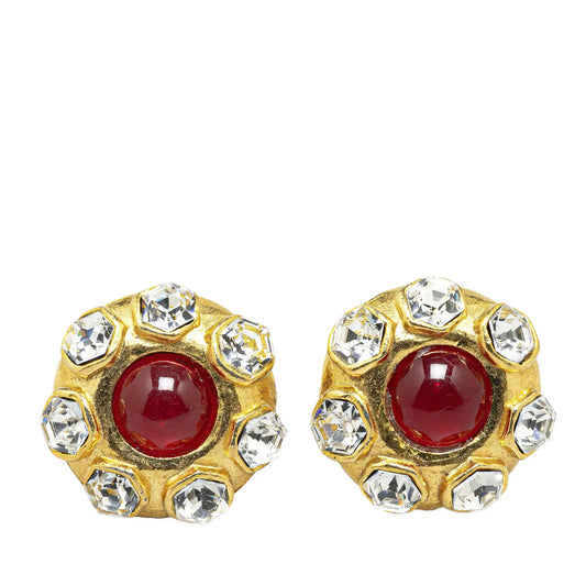 Gold Chanel Gold Plated Red Stone Rhinestones Clip on Earrings