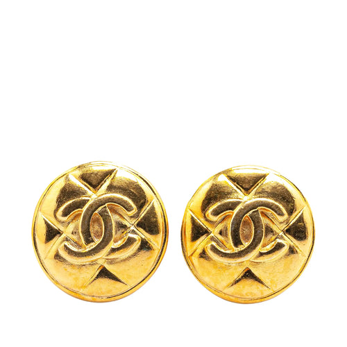 Gold Chanel Gold Plated CC Quilted Round Clip on Earrings