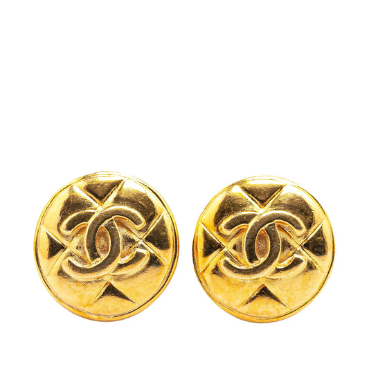 Gold Chanel Gold Plated CC Quilted Round Clip on Earrings