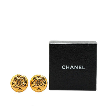 Gold Chanel Gold Plated CC Quilted Round Clip on Earrings