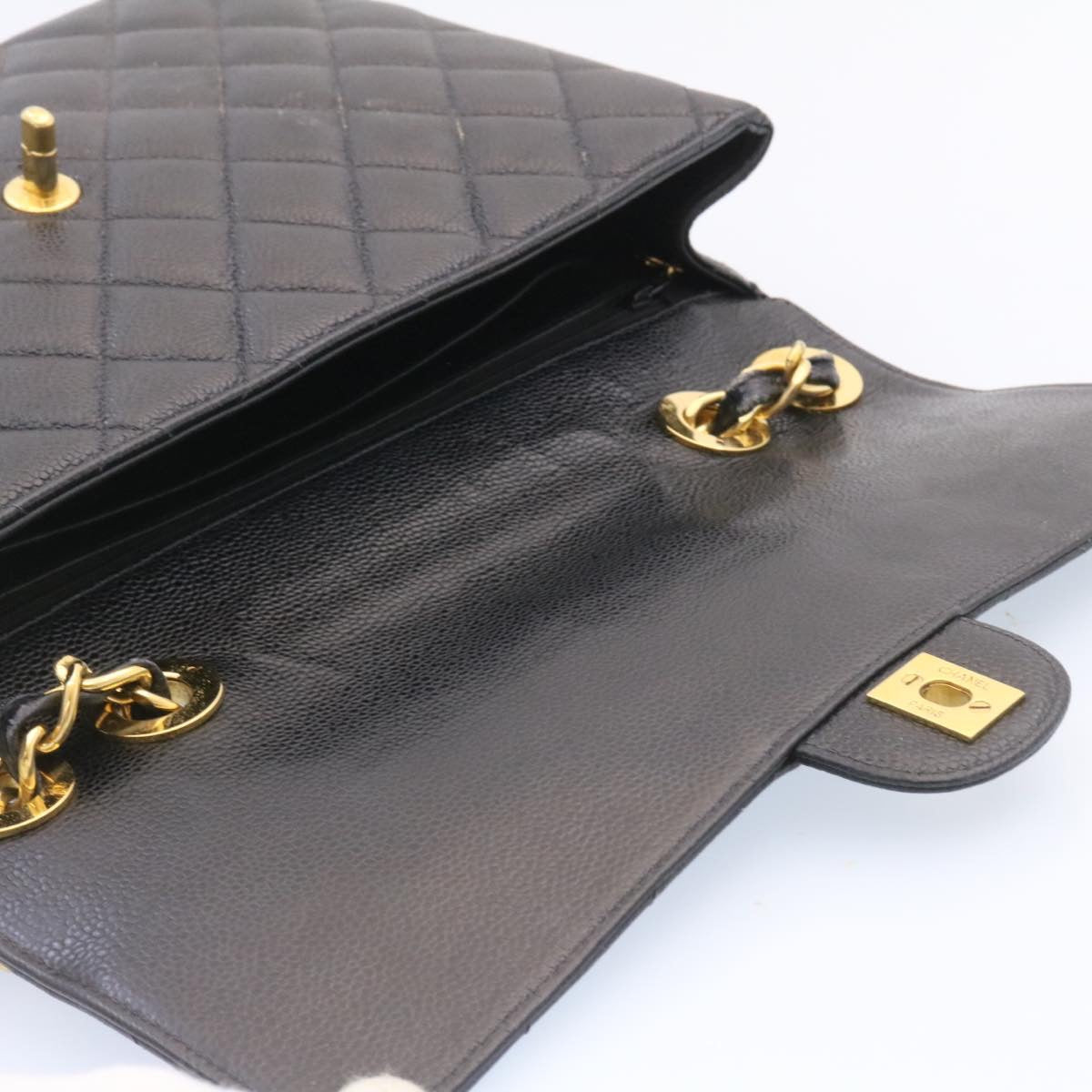 CHANEL Big Matelasse Flap Chain Shoulder Bag Caviar Skin Black Gold 25984SA