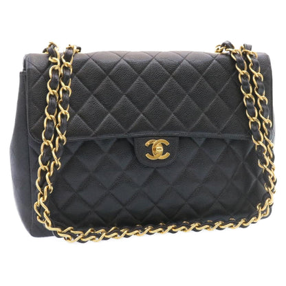 CHANEL Big Matelasse Flap Chain Shoulder Bag Caviar Skin Black Gold 25984SA