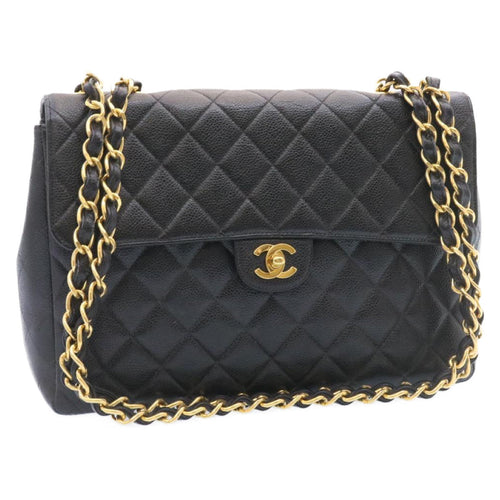 CHANEL Big Matelasse Flap Chain Shoulder Bag Caviar Skin Black Gold 25984SA