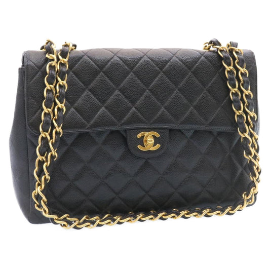 CHANEL Big Matelasse Flap Chain Shoulder Bag Caviar Skin Black Gold 25984SA