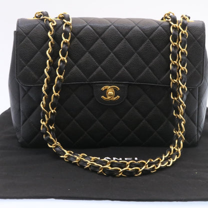 CHANEL Big Matelasse Flap Chain Shoulder Bag Caviar Skin Black Gold 25984SA