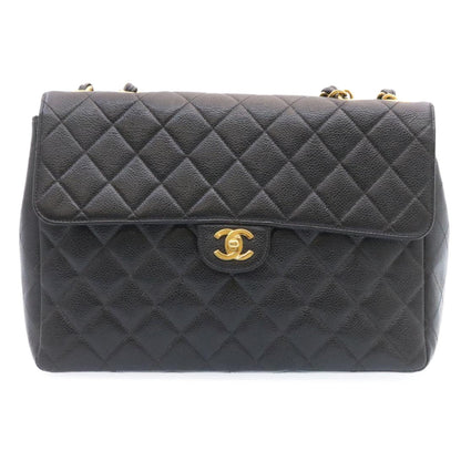 CHANEL Big Matelasse Flap Chain Shoulder Bag Caviar Skin Black Gold 25984SA