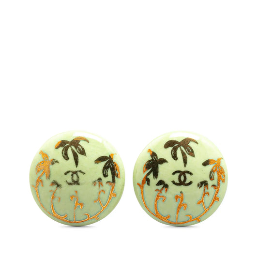 Green Chanel Gold Plated Resin CC Round Clip On Earrings