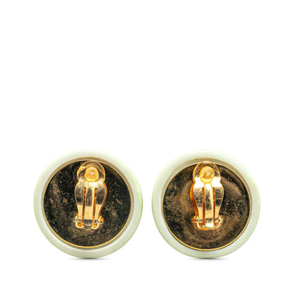 Green Chanel Gold Plated Resin CC Round Clip On Earrings