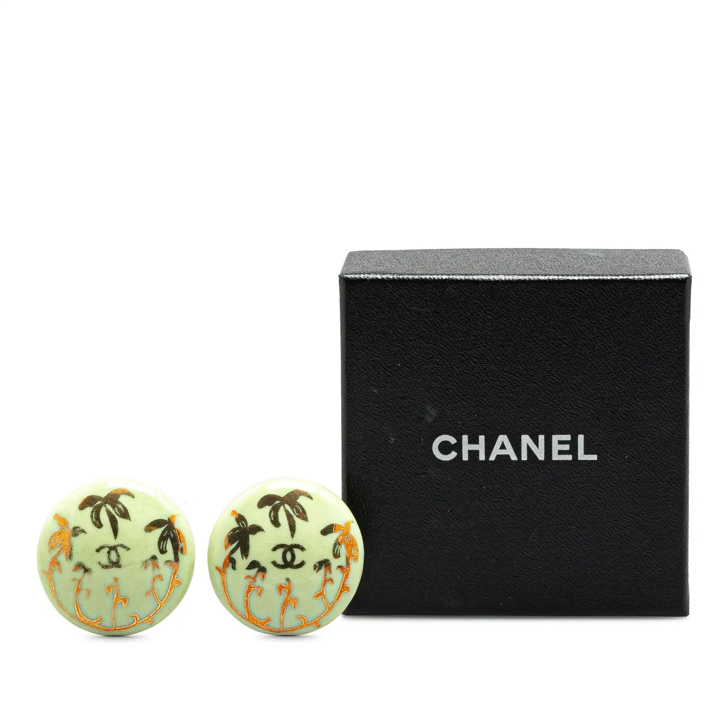 Green Chanel Gold Plated Resin CC Round Clip On Earrings