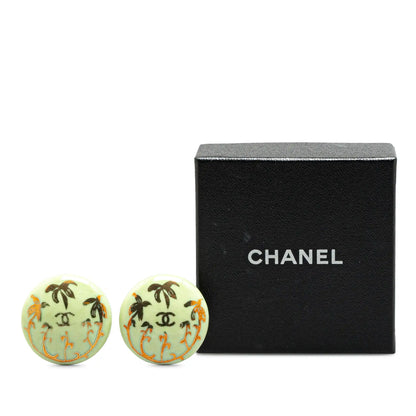 Green Chanel Gold Plated Resin CC Round Clip On Earrings