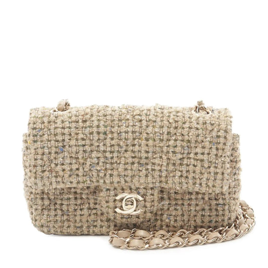 Beige Chanel Mini Rectangular Classic Tweed Single Flap Crossbody Bag