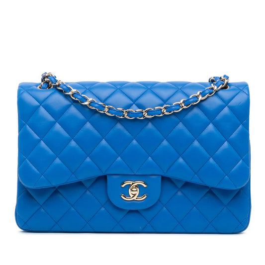 Blue Chanel Jumbo Classic Lambskin Double Flap Shoulder Bag