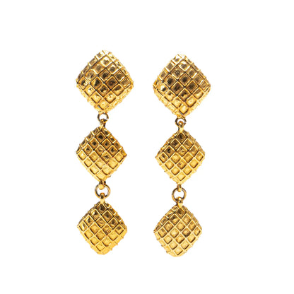 Gold Chanel Gold Plated Quilted Diamond Dangle Clip on Earrings