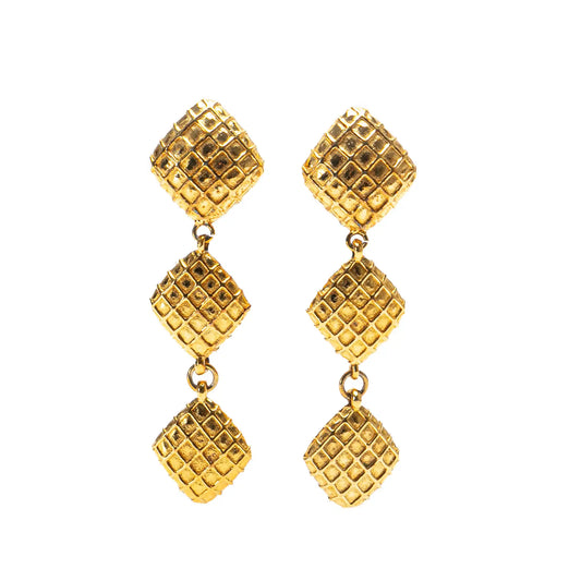 Gold Chanel Gold Plated Quilted Diamond Dangle Clip on Earrings