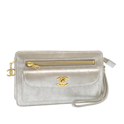 CHANEL Clutch Bag Leather Silver CC 26857A