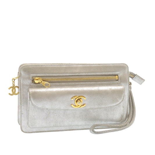 CHANEL Clutch Bag Leather Silver CC 26857A