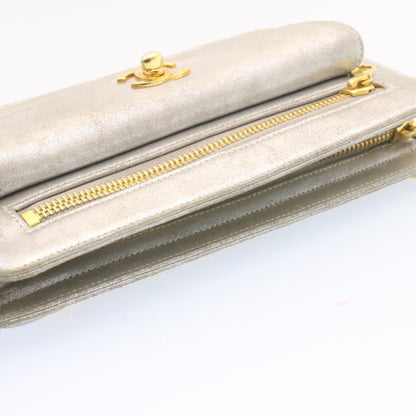 CHANEL Clutch Bag Leather Silver CC 26857A