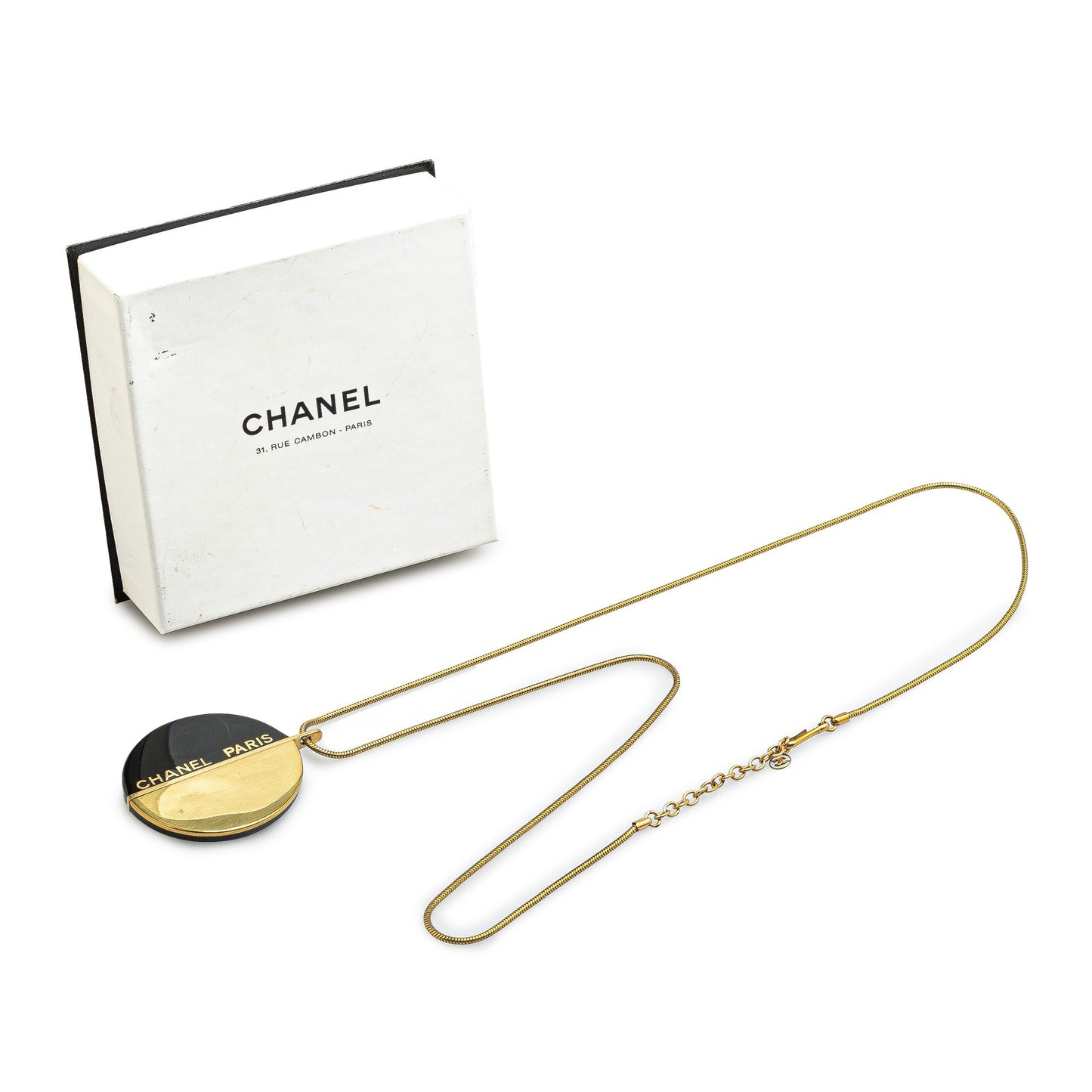 Black Chanel Enamel Round Pendant Long Necklace