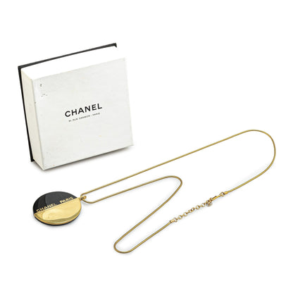 Black Chanel Enamel Round Pendant Long Necklace