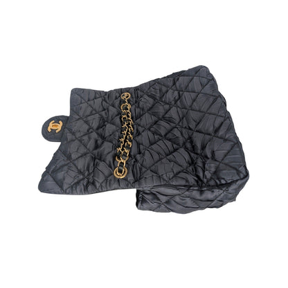 Chanel Black Satin Quilted Pleated Medium Single Flap
