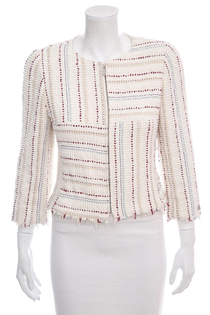 Chanel 2000 Cream & Red Tweed Zip Up Jacket SZ 38