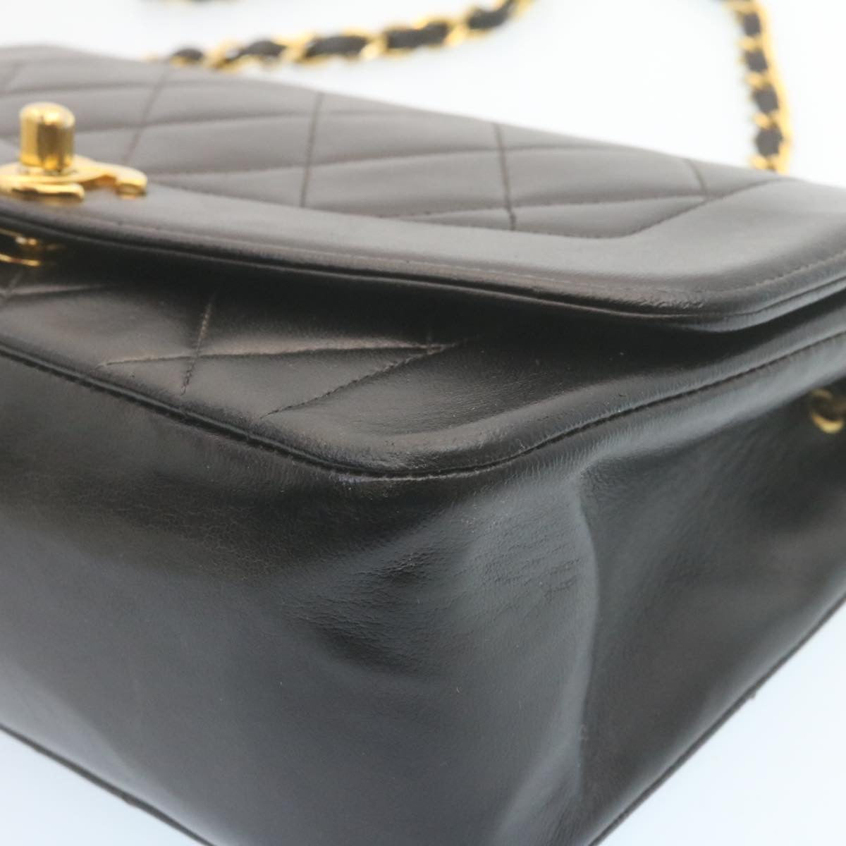 CHANEL Chain Turn Lock Diana Matelasse Shoulder Bag Lamb Skin Black 28470A