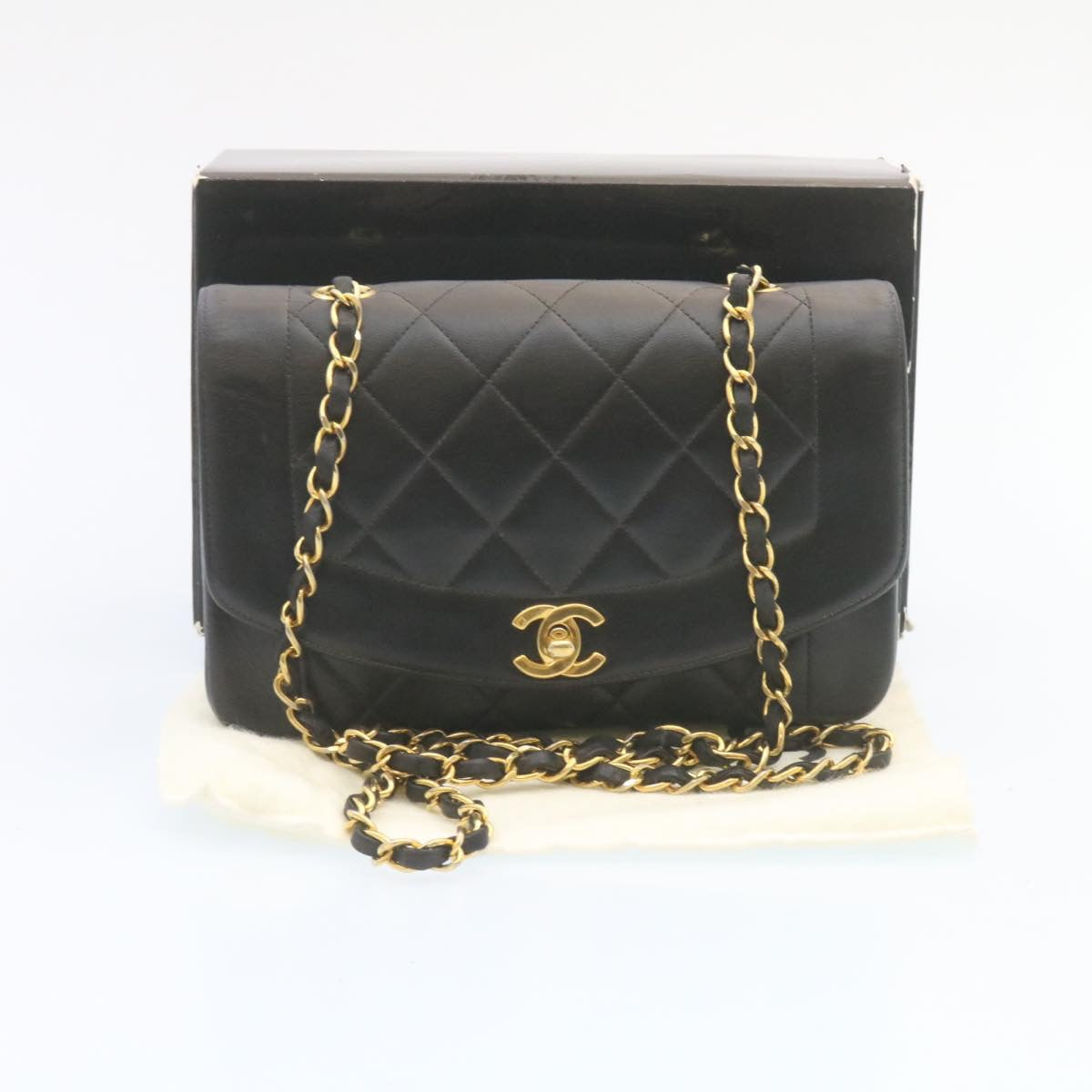 CHANEL Chain Turn Lock Diana Matelasse Shoulder Bag Lamb Skin Black 28470A