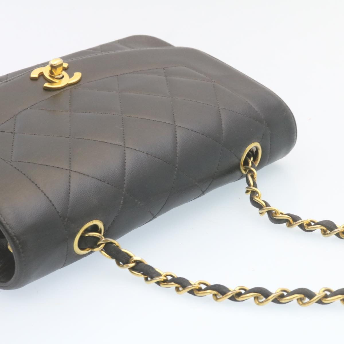 CHANEL Chain Turn Lock Diana Matelasse Shoulder Bag Lamb Skin Black 28470A