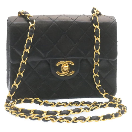 CHANEL Mini Matelasse Chain Flap Shoulder Bag Lamb Skin Black Gold 28471A
