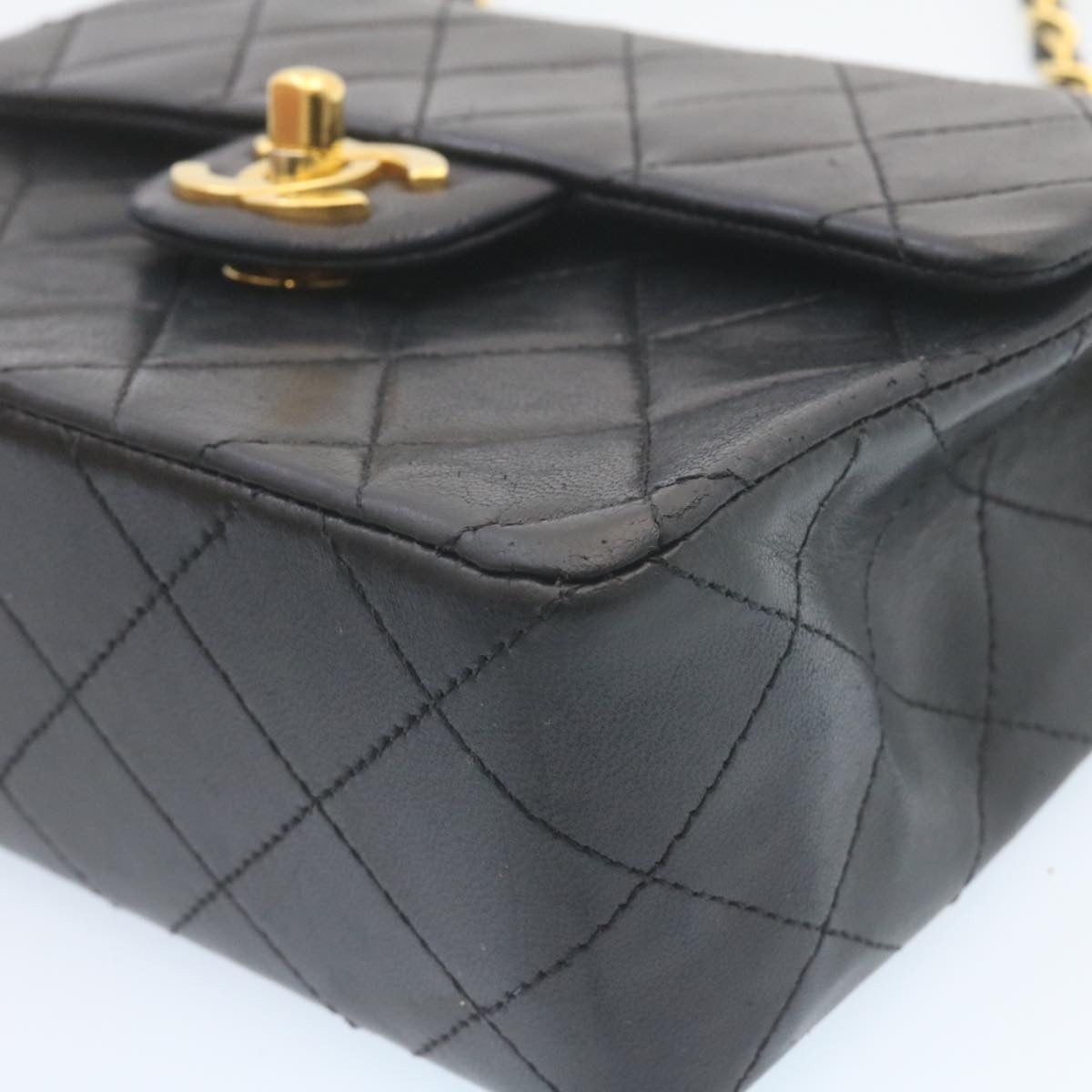 CHANEL Mini Matelasse Chain Flap Shoulder Bag Lamb Skin Black Gold 28471A