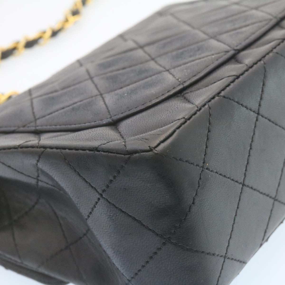 CHANEL Mini Matelasse Chain Flap Shoulder Bag Lamb Skin Black Gold 28471A