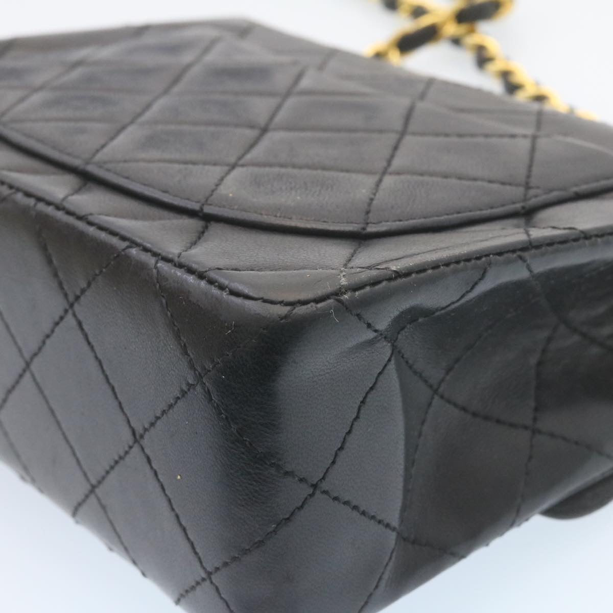 CHANEL Mini Matelasse Chain Flap Shoulder Bag Lamb Skin Black Gold 28471A
