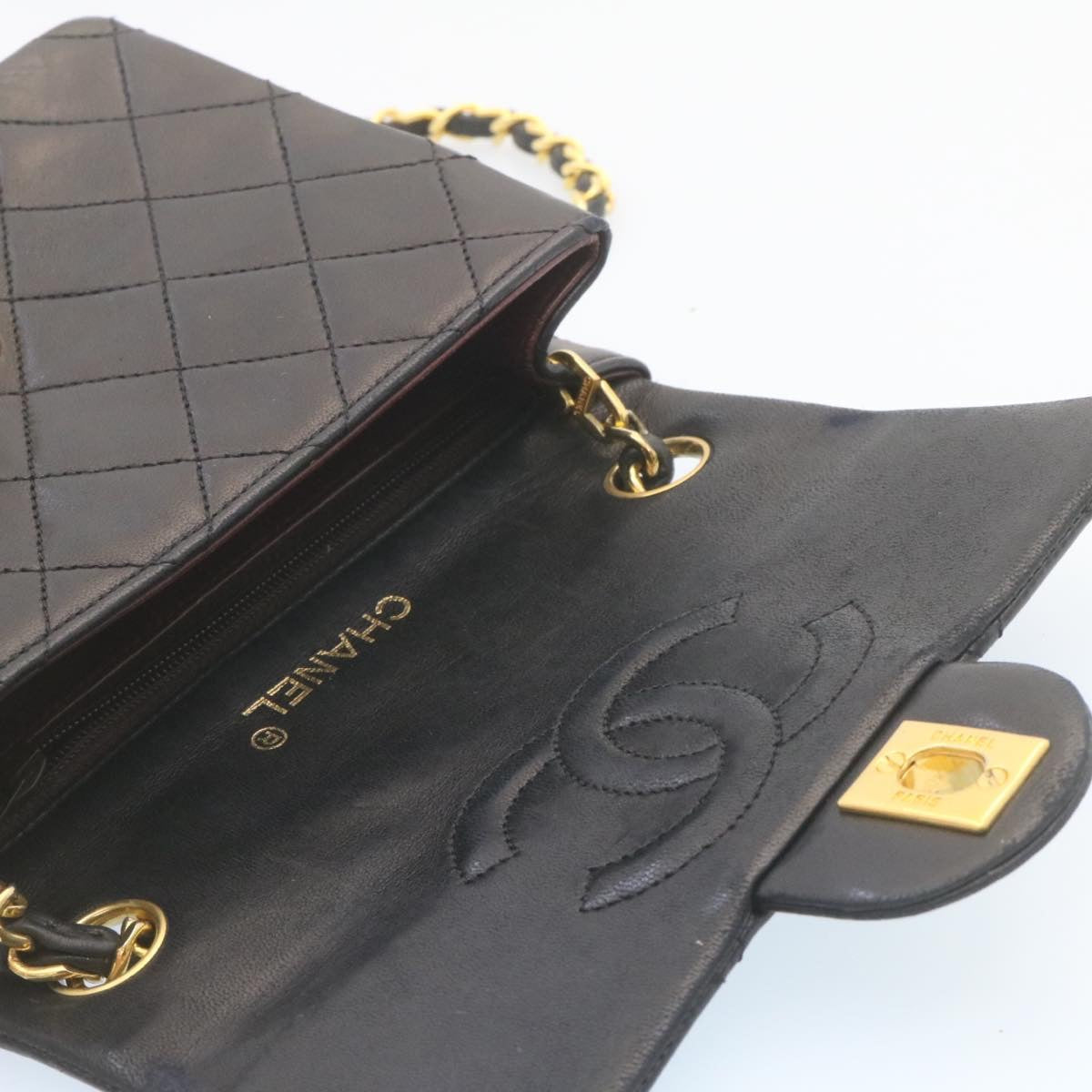 CHANEL Mini Matelasse Chain Flap Shoulder Bag Lamb Skin Black Gold 28471A