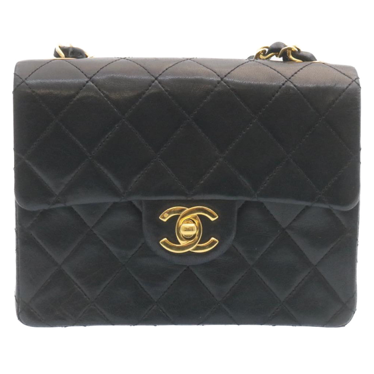CHANEL Mini Matelasse Chain Flap Shoulder Bag Lamb Skin Black Gold 28471A