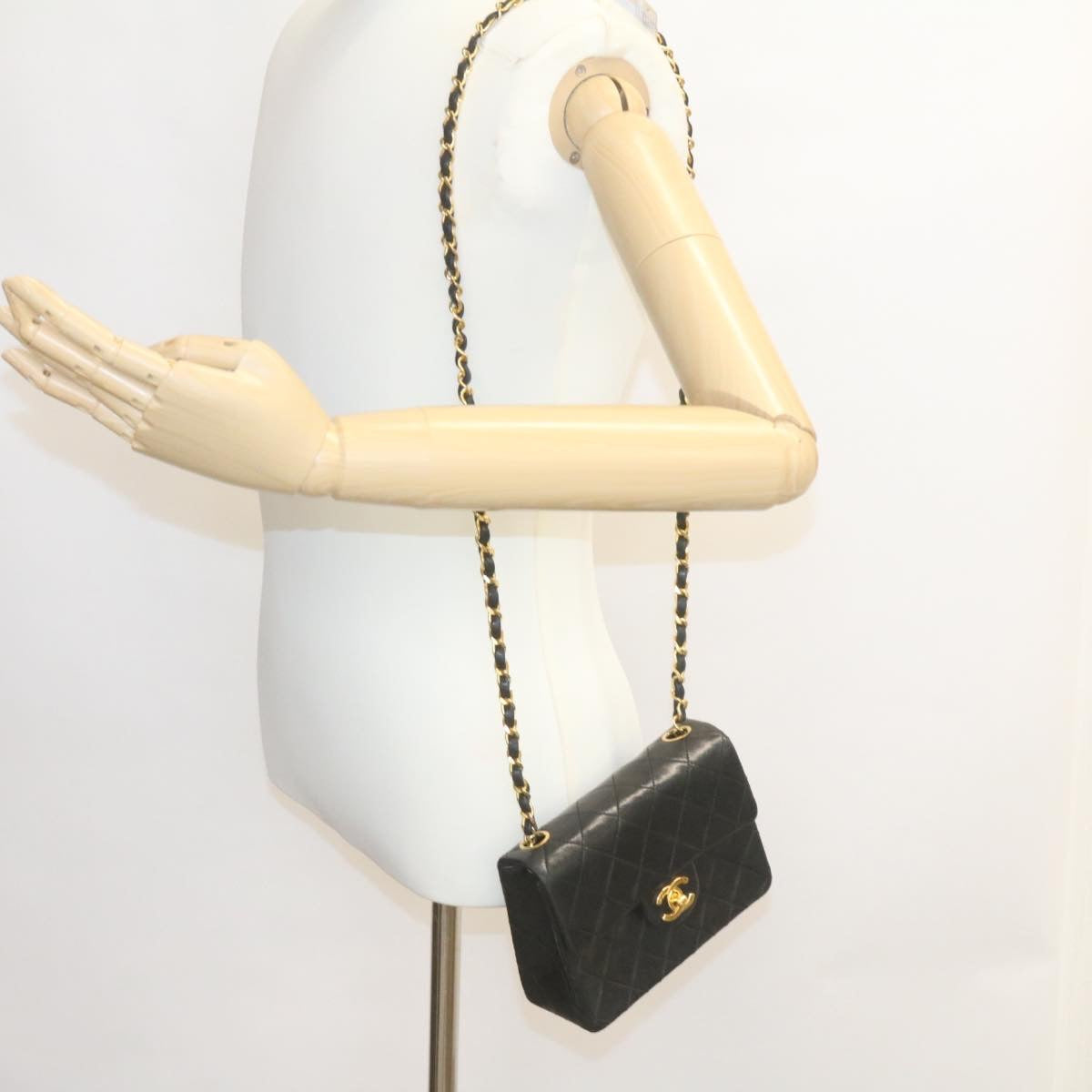 CHANEL Mini Matelasse Chain Flap Shoulder Bag Lamb Skin Black Gold 28471A