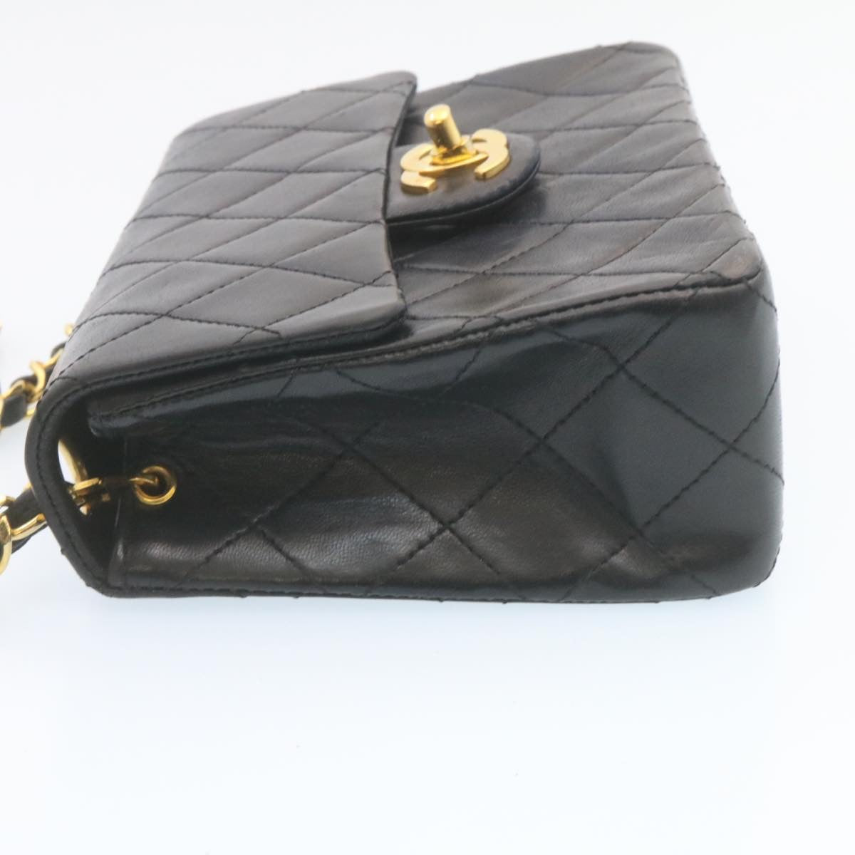 CHANEL Mini Matelasse Chain Flap Shoulder Bag Lamb Skin Black Gold 28471A