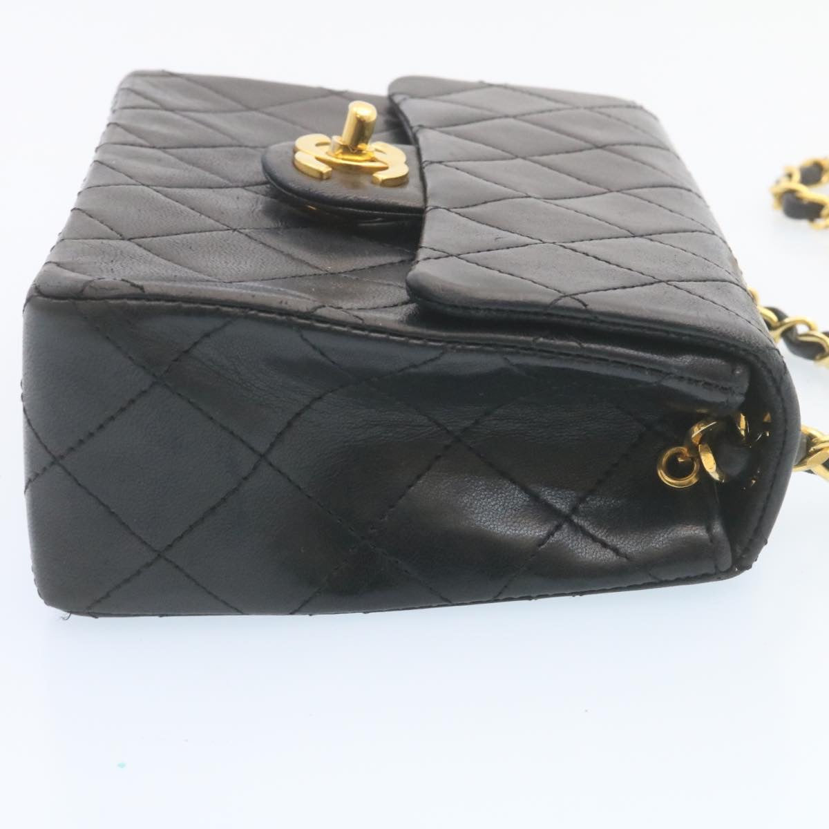 CHANEL Mini Matelasse Chain Flap Shoulder Bag Lamb Skin Black Gold 28471A
