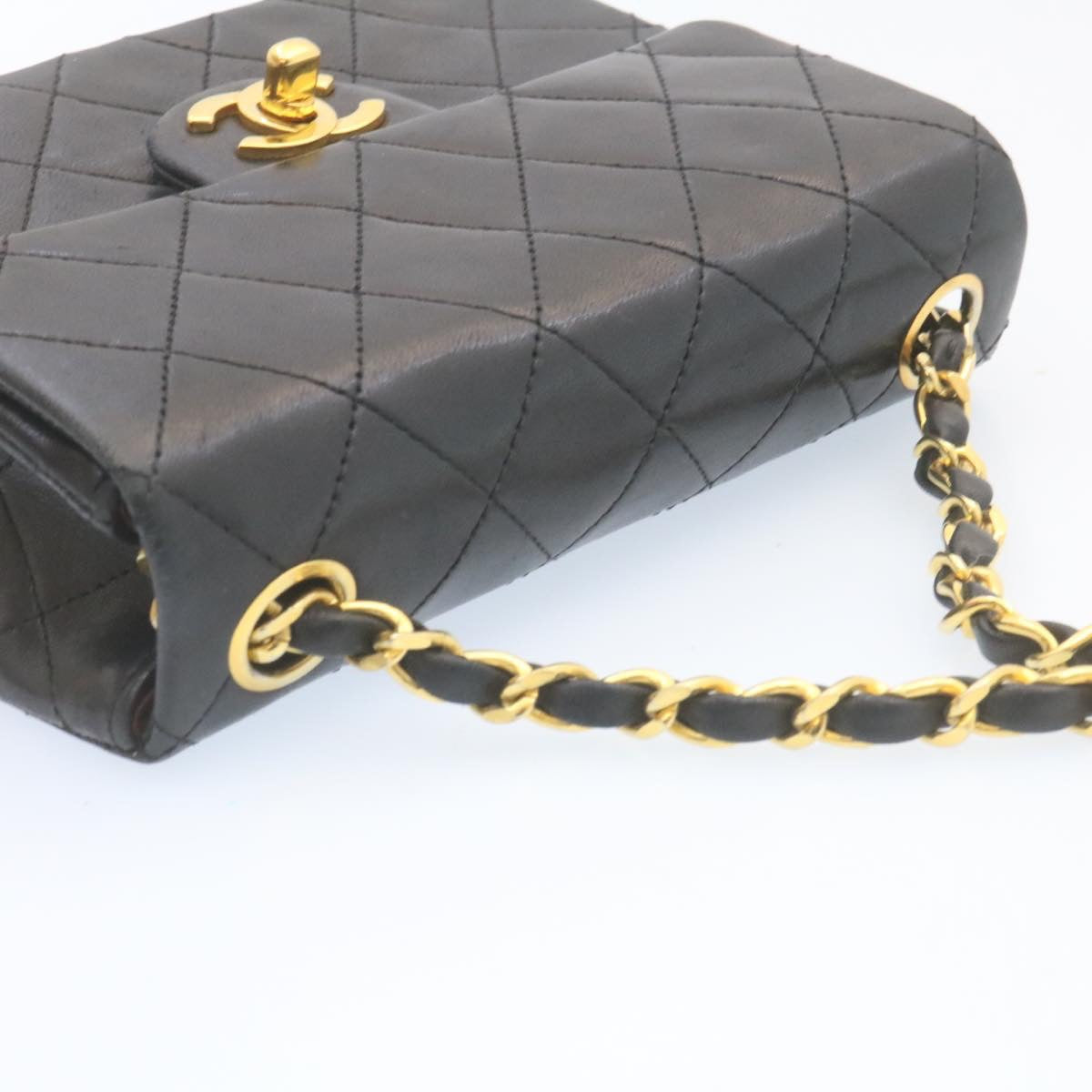 CHANEL Mini Matelasse Chain Flap Shoulder Bag Lamb Skin Black Gold 28471A