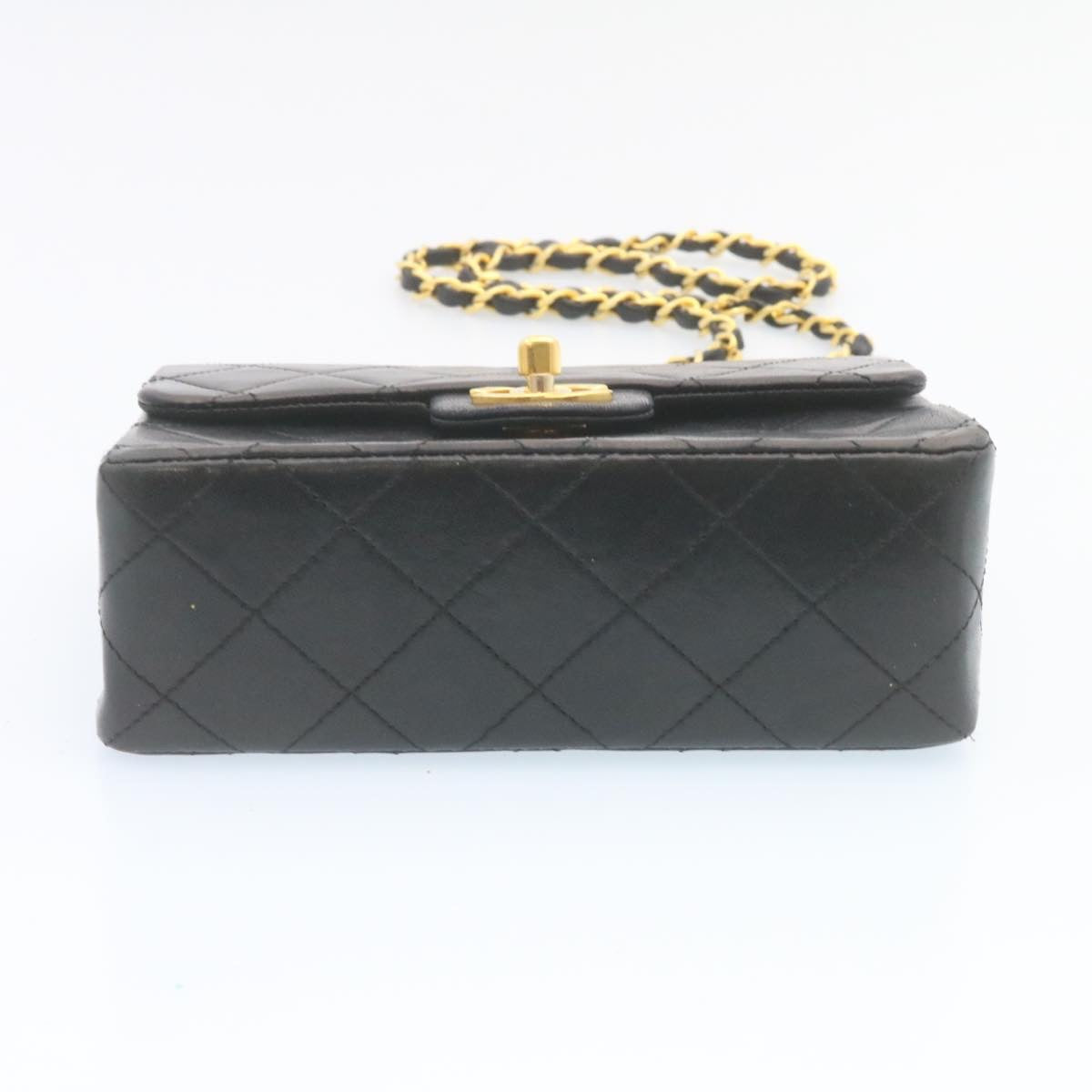 CHANEL Mini Matelasse Chain Flap Shoulder Bag Lamb Skin Black Gold 28471A