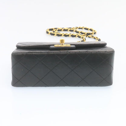 CHANEL Mini Matelasse Chain Flap Shoulder Bag Lamb Skin Black Gold 28471A