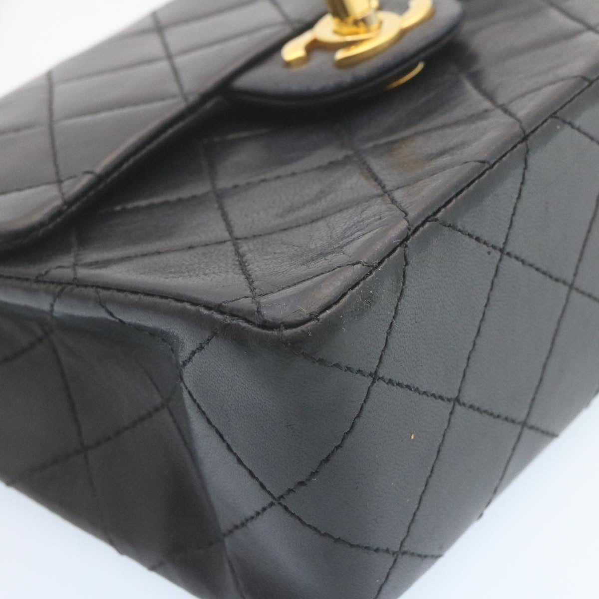 CHANEL Mini Matelasse Chain Flap Shoulder Bag Lamb Skin Black Gold 28471A