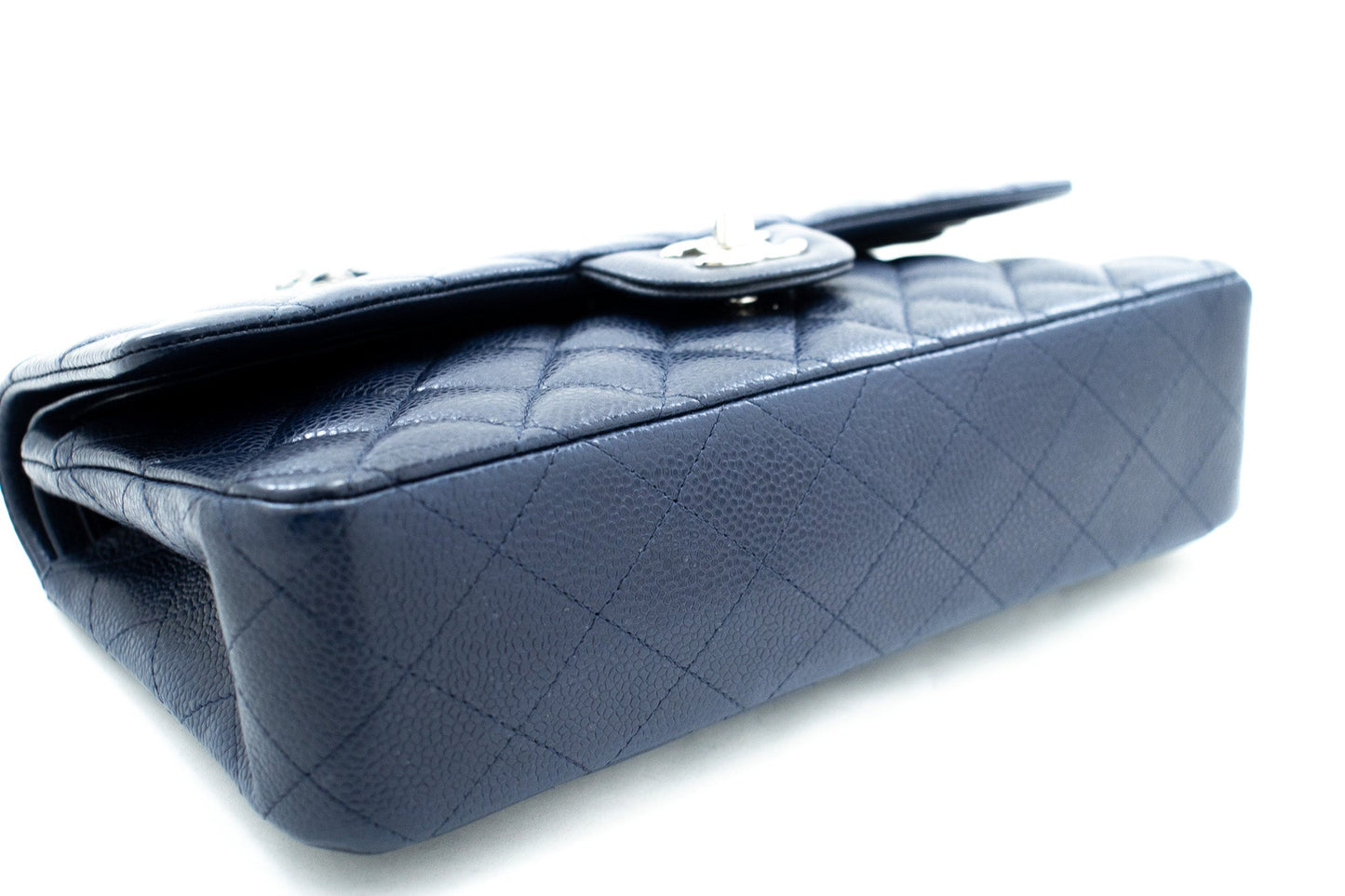 CHANEL Navy Caviar Double Flap Chain Shoulder Bag Quilted Leather j44