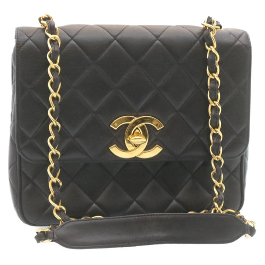 CHANEL Matelasse Chain Flap Shoulder Bag Lamb Skin Black Gold CC 28632SA