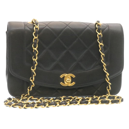 CHANEL Chain Turn Lock Diana Matelasse Shoulder Bag Lamb Skin Black 28643A