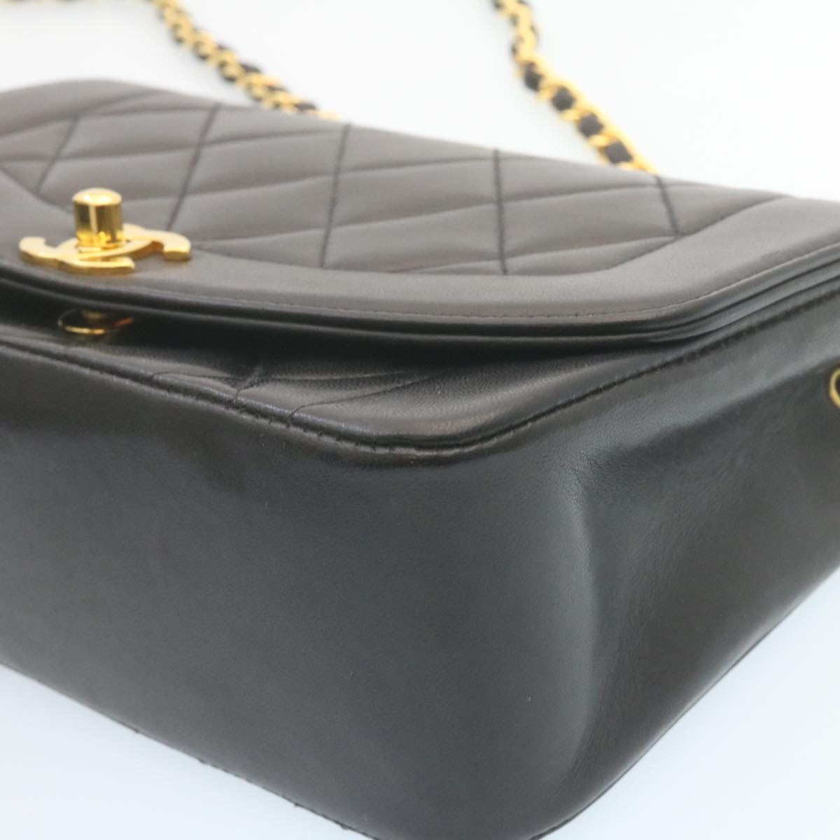 CHANEL Chain Turn Lock Diana Matelasse Shoulder Bag Lamb Skin Black 28643A
