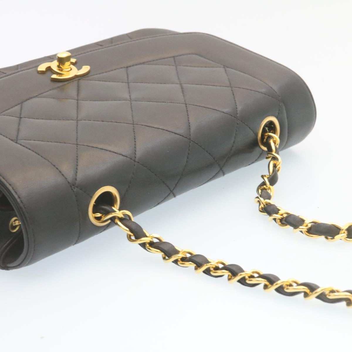 CHANEL Chain Turn Lock Diana Matelasse Shoulder Bag Lamb Skin Black 28643A
