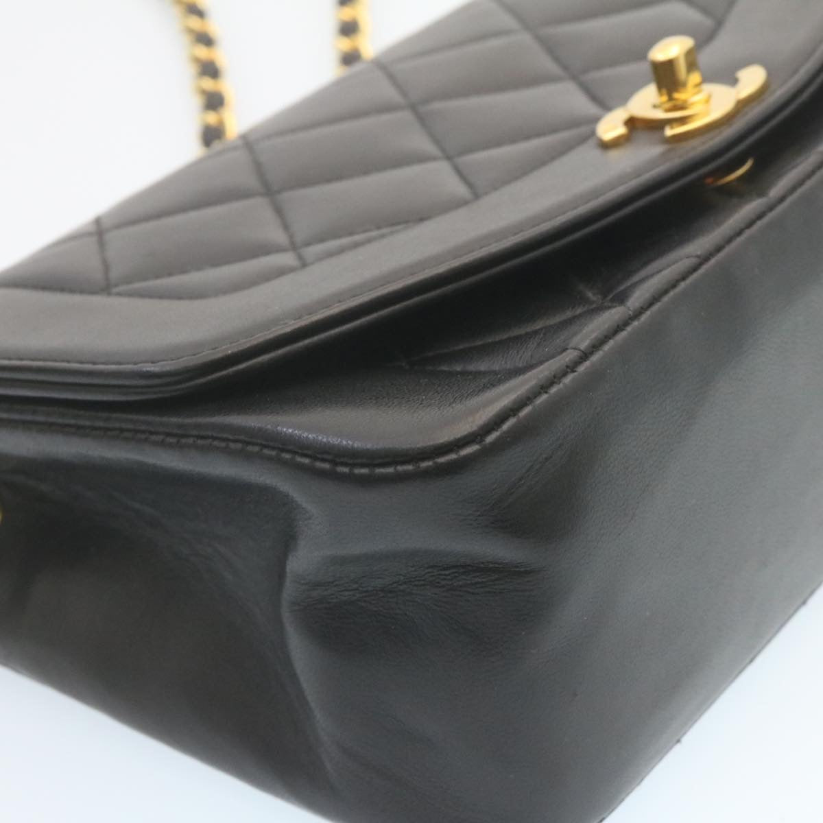 CHANEL Chain Turn Lock Diana Matelasse Shoulder Bag Lamb Skin Black 28643A