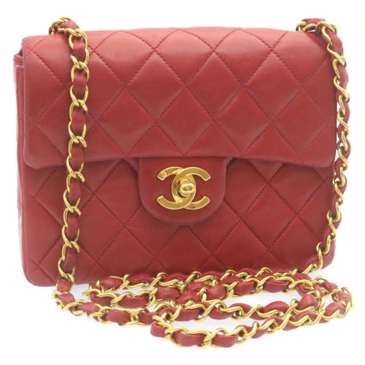 CHANEL Matelasse Chain Flap Shoulder Bag Lamb Skin Turn Lock Red CC 28661A