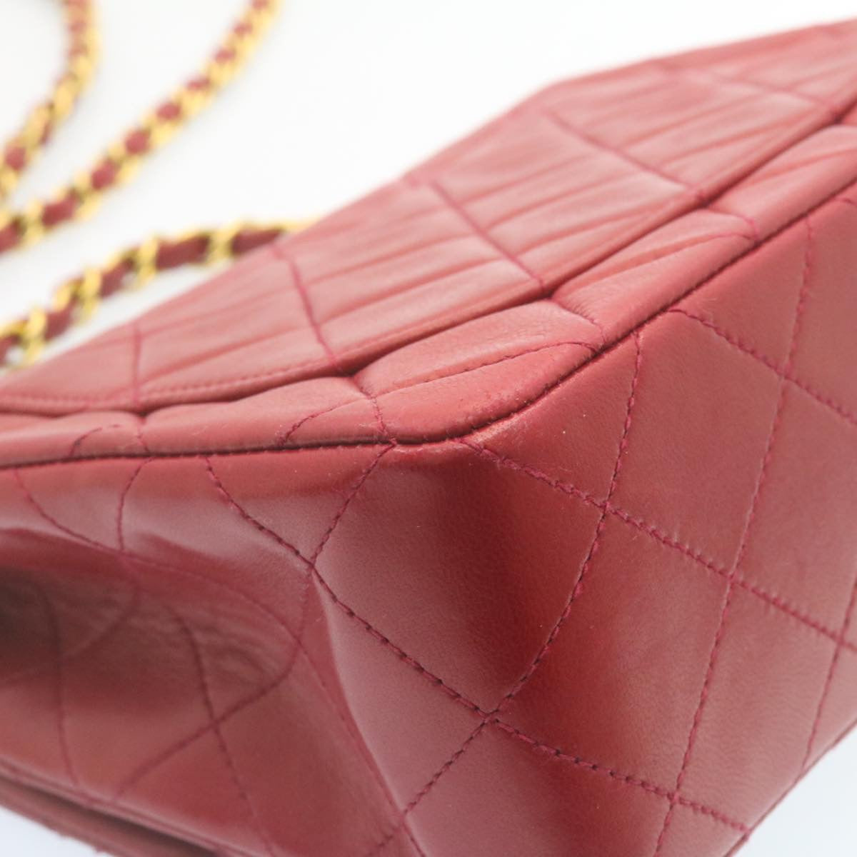 CHANEL Matelasse Chain Flap Shoulder Bag Lamb Skin Turn Lock Red CC 28661A